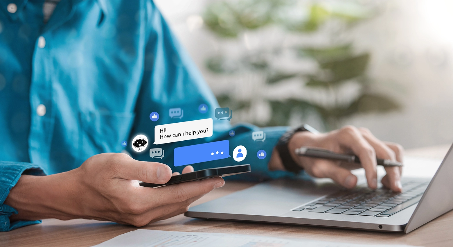 Mężczyzna z telefonem w ręku i ruchomym tekstem AI