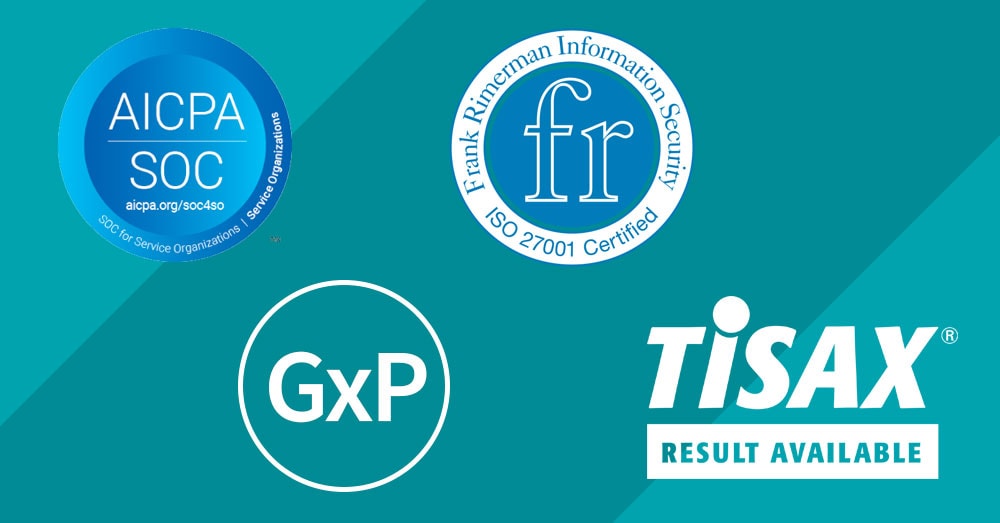 Znaki logo: SOC GxP TISAX FRIS ISO27001 